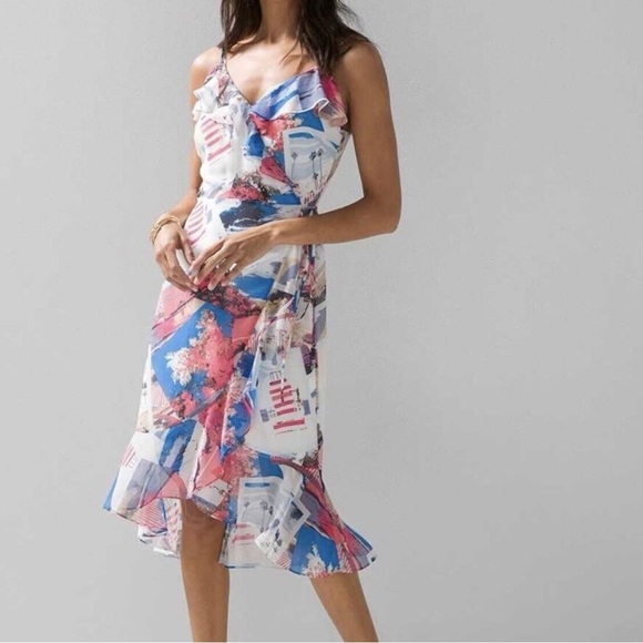 WHBM Ruffle Wrap Dress Size 12 in Postcard Denim Blue EUC - Picture 1 of 10